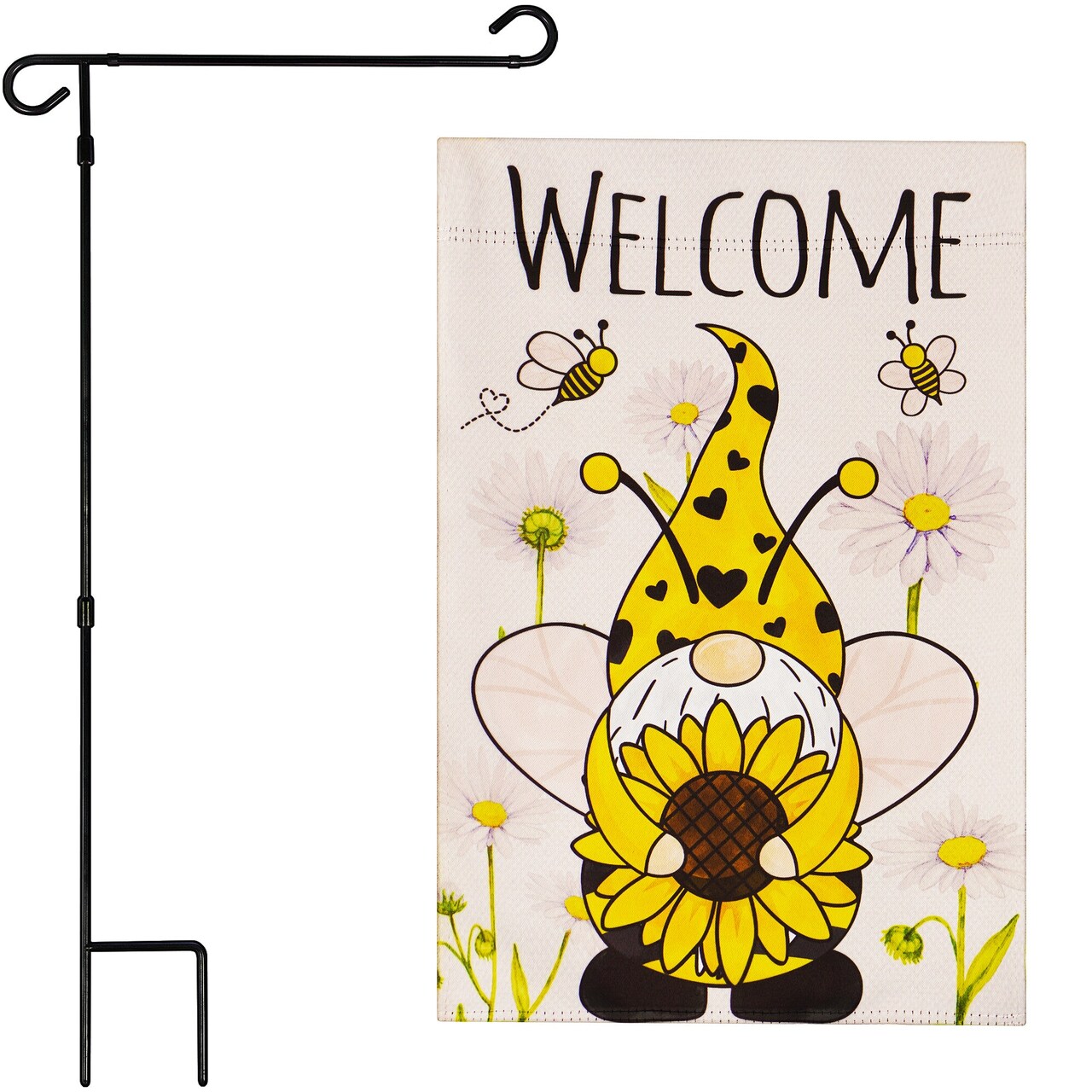 G128 Combo Pack: Garden Flag Stand Black 36 in x 16 in & Garden Flag Spring Decoration Welcome Bee Gnome with Sunflower 12"x18" Double-Sided Blockout Fabric